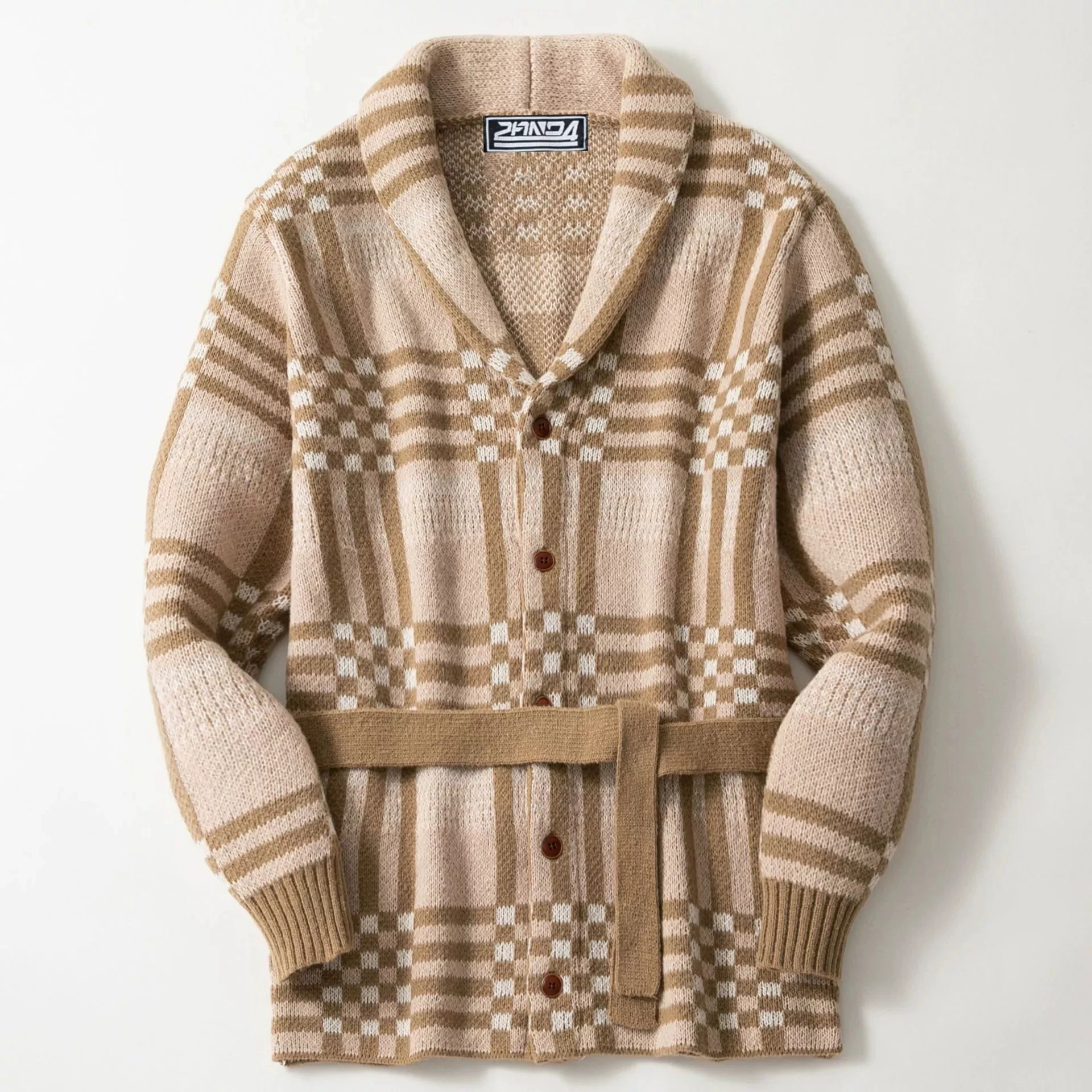 

Men's Luxury Fashion European and American Retro Knitted Sweater Medium Long Classic Checkered Jacquard Cardigan Sweater Coat