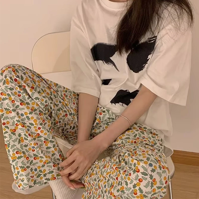 Walking Pants Floral Sleeping Pants Women's Loose Spring Autumn Korean Version Home Casual Air-Conditioned Pants Pajama Pants