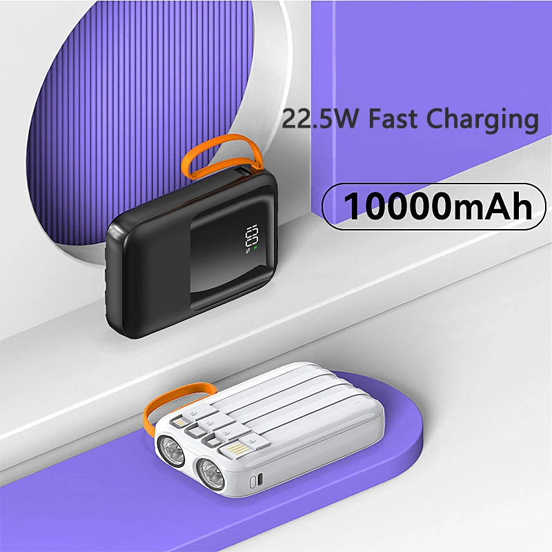 

Mini Power Bank 10000mAh Powerbank Portable Charger with Cable Poverbank for iPhone 15 14 Samsung Xiaomi Charger with Flashlight