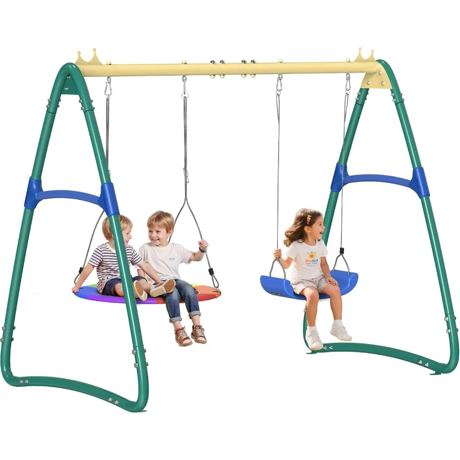 

2-местные уличные металлические качели для игр на заднем дворе с прочной рамой зеленого цвета. Прочный и устойчивый к атмосферным воздействиям дизайн.