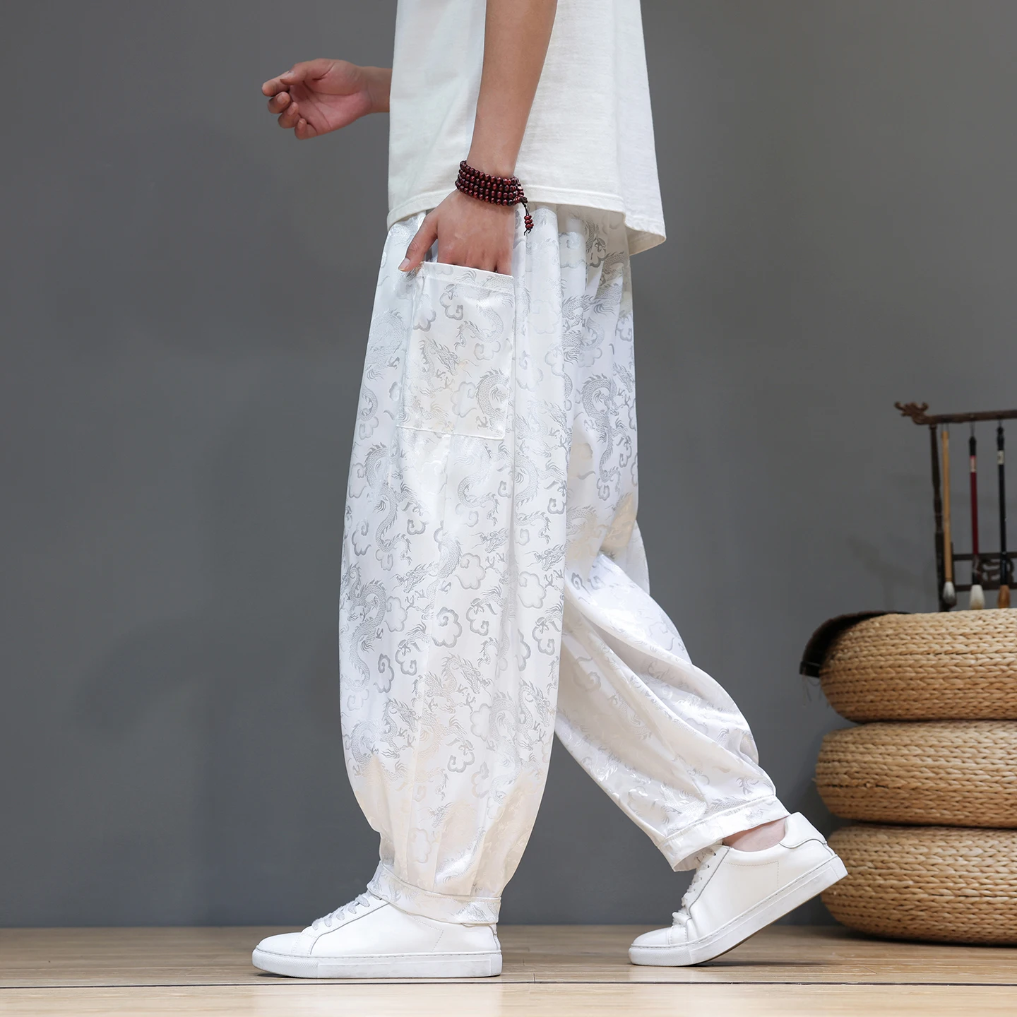 Men's Summer New Chinese Style Dragon Pattern Casual Pants Ice Silk Wide Leg Pants Loose Plus Size Long Trousers