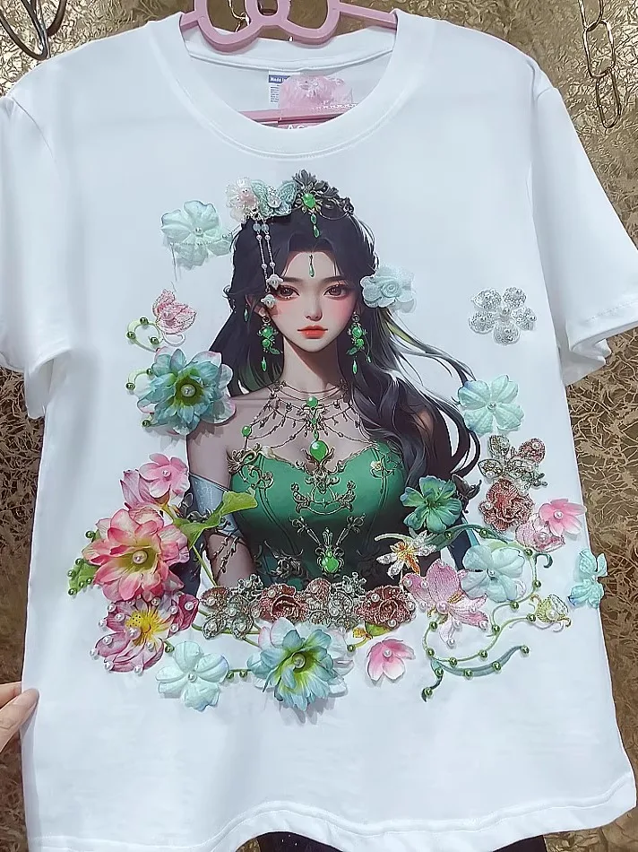Grote maat L-6XL zomer nieuwe chique zware industrie ronde hals T-shirt meisjes driedimensionale kralen bloem katoen korte mouw top