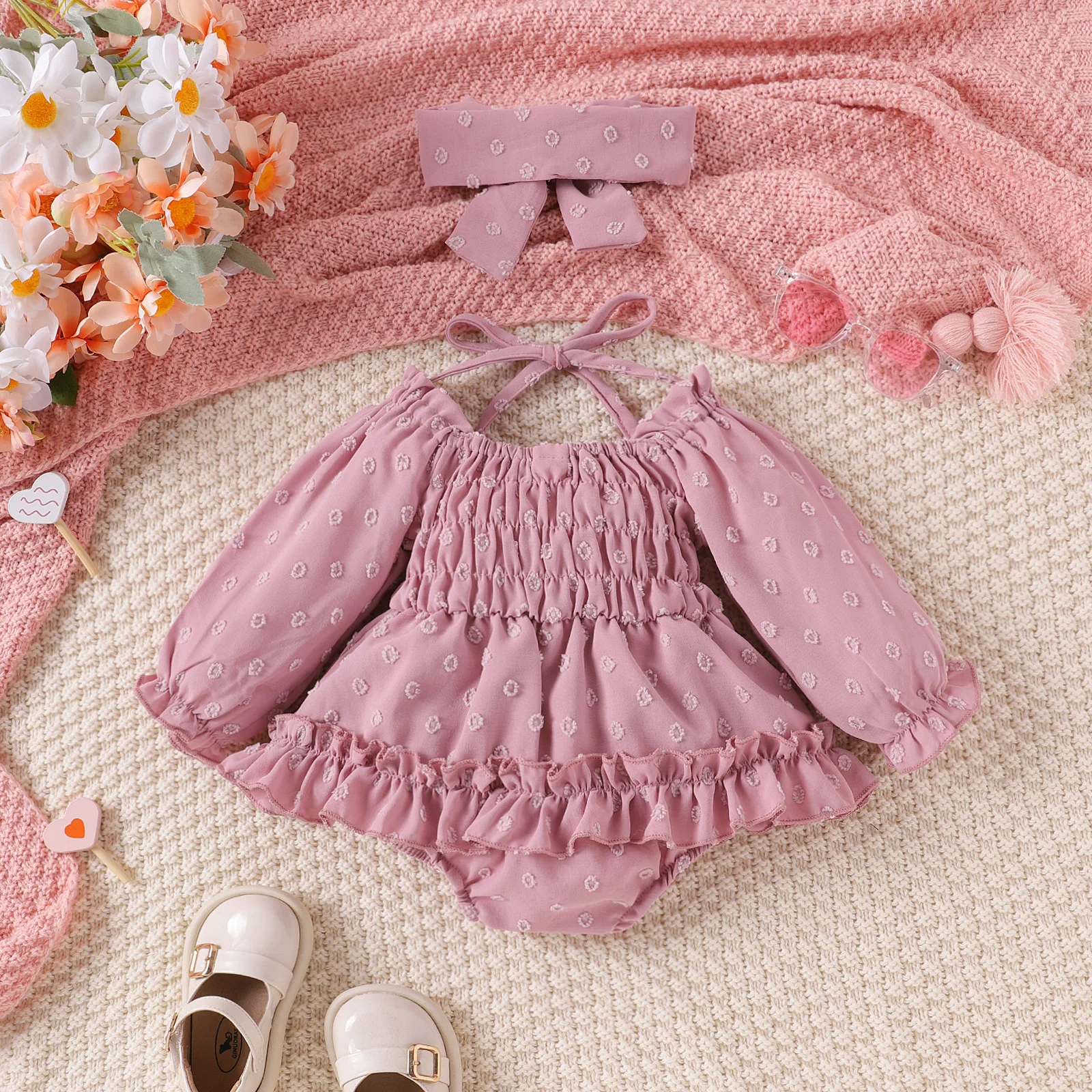 2PCS Spring And Autumn For Babies And Girls Soft And Comfortable Simple Two-Color Sunflower Long Sleeve Clothes + Headwear