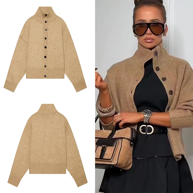 Guobioziy 2026 Fall Women's Knitted Cardigan Minimalist Style High Neck Front Button Loose and Comfortable Soft and Warm Casual