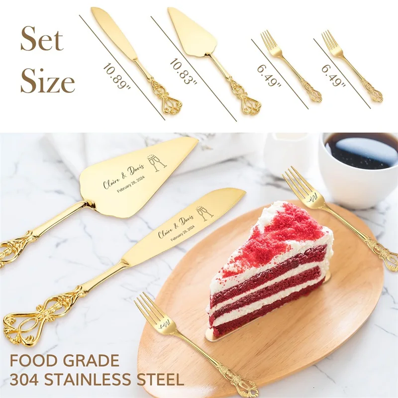 Personalized Wedding Cake Knife and Server Set Engraved Gold Cake Cutter Server Forks Custom Cake Cutting Set for Birthday Gifts