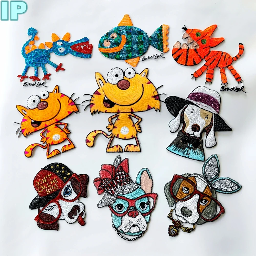 embroidery sequined letter patch,embroidered dogs badges,animal cartoon appliques cat patches for clothing DIY accessory WF22832