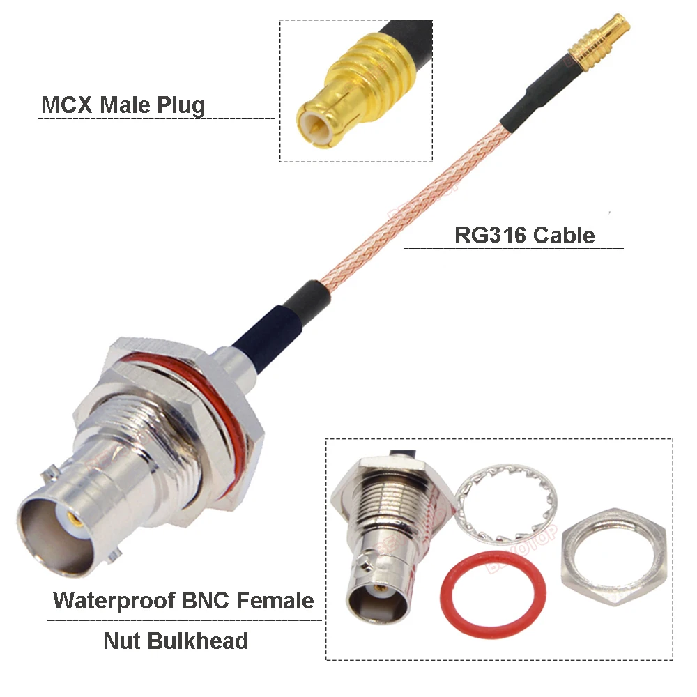 BEVOTOP BNC to MCX Cable Waterproof BNC Female Nut Bulkhead to MCX Male / Female 90°/180° RG316 Pigtai 50 ohm RF Coaxial Jumper