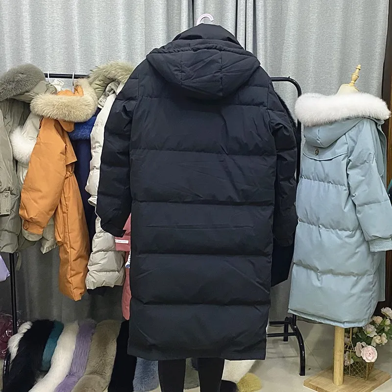 Корейский зимний черный длинный пуховик, женское теплое пальто с длинным рукавом, повседневное офисное пальто с капюшоном и карманами для женщин