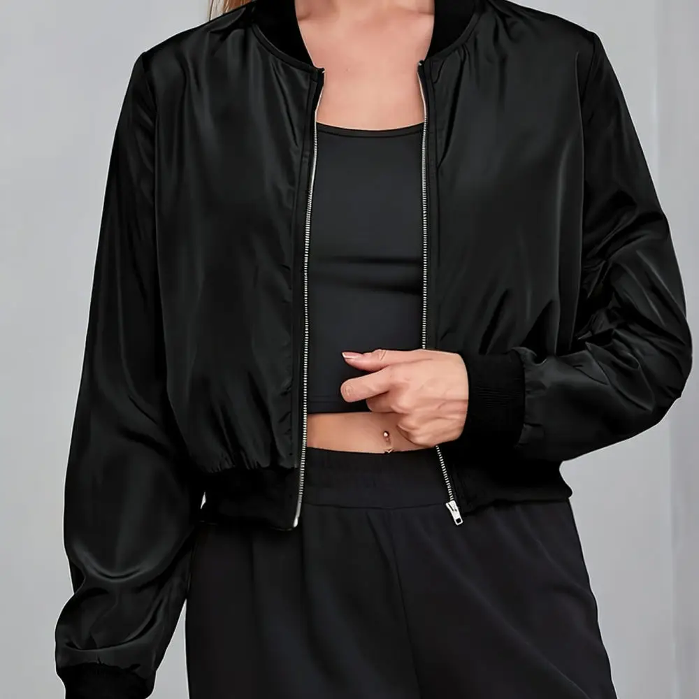 2025 Fashion Womens Short Bomber Jacket Zip Up Stand Collar Long Sleeve Coat Casual Outerwear Streetwear Tops