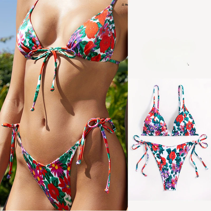 2026 Sexy Floral Print Bikinis Sets Triangle Two Pieces Tie Thong Swimsuit Swimwear Bathing Suit Beach Outfits Biquini Tankini
