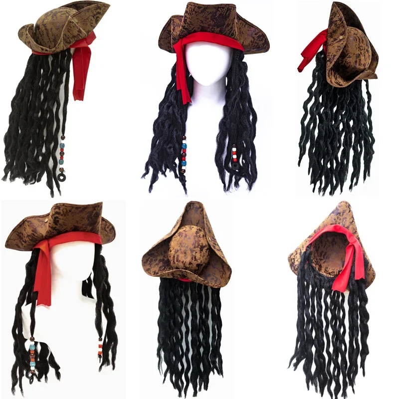 Hot Cosplay Captain Jack Wig for Adult Men Halloween Caribbean Pirate Hat Party Cosplay Performance Costume Accessories