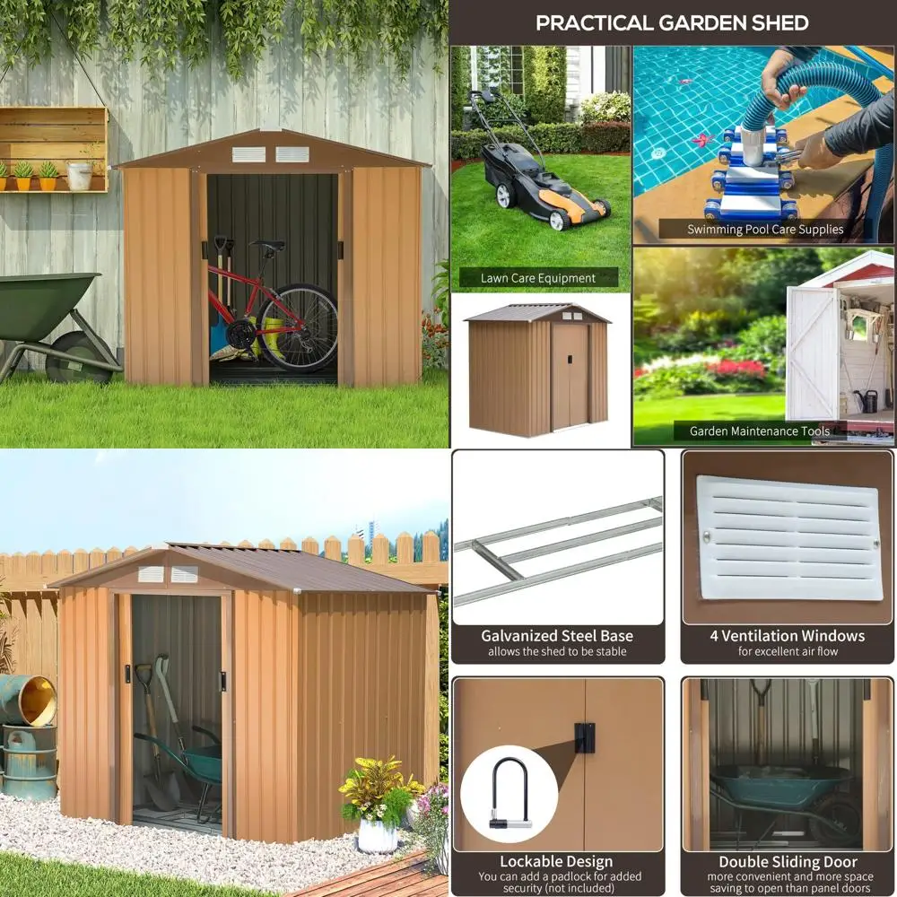 7x4-Foot Outdoor Metal Storage Shed with Garden Tool Storage, Foundation Kit, Double-Door Lock, Air Vents, and Sloping Roof