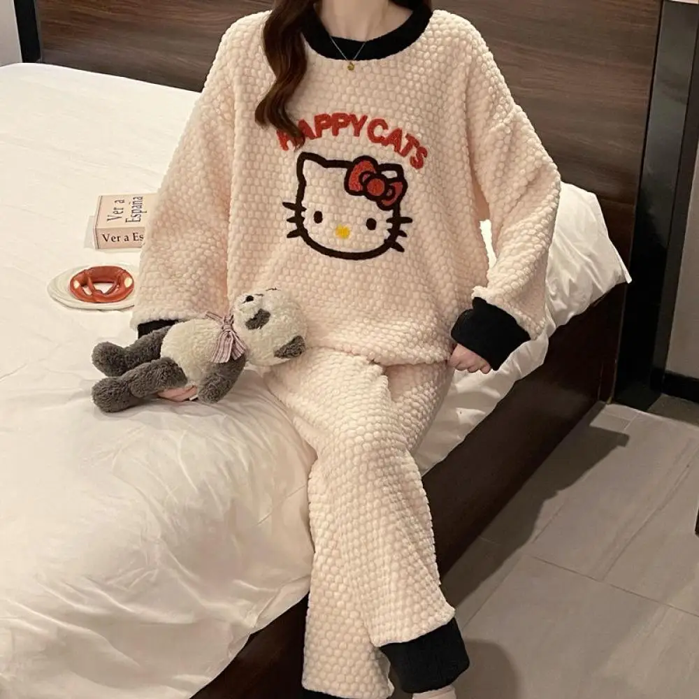 

Cartoon Hello Kitty Winter Women Plush Pajamas Set Kawaii Coral Velvet Nightwear Anime Cute Thick Warm Girls Homeclothes