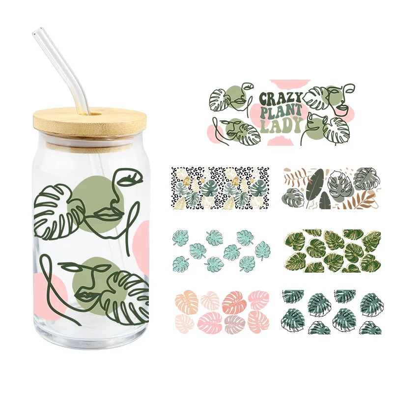 Green Turtle Back Leaves Uv Dtf Transfer Sticker 16Oz Glass Cups Diy Waterproof Crazy Plant Lady High Temperature Resistance