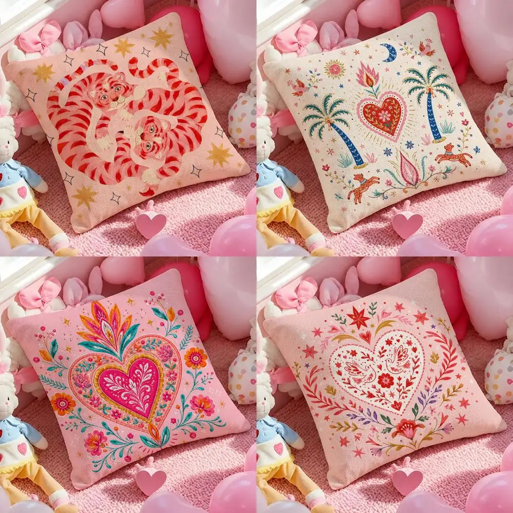 Art Cute Cartoon Flowers Fashion Art Cushion Cover Pink Linen Texture Cushion Cover Double Sided Invisible Zipper Deco