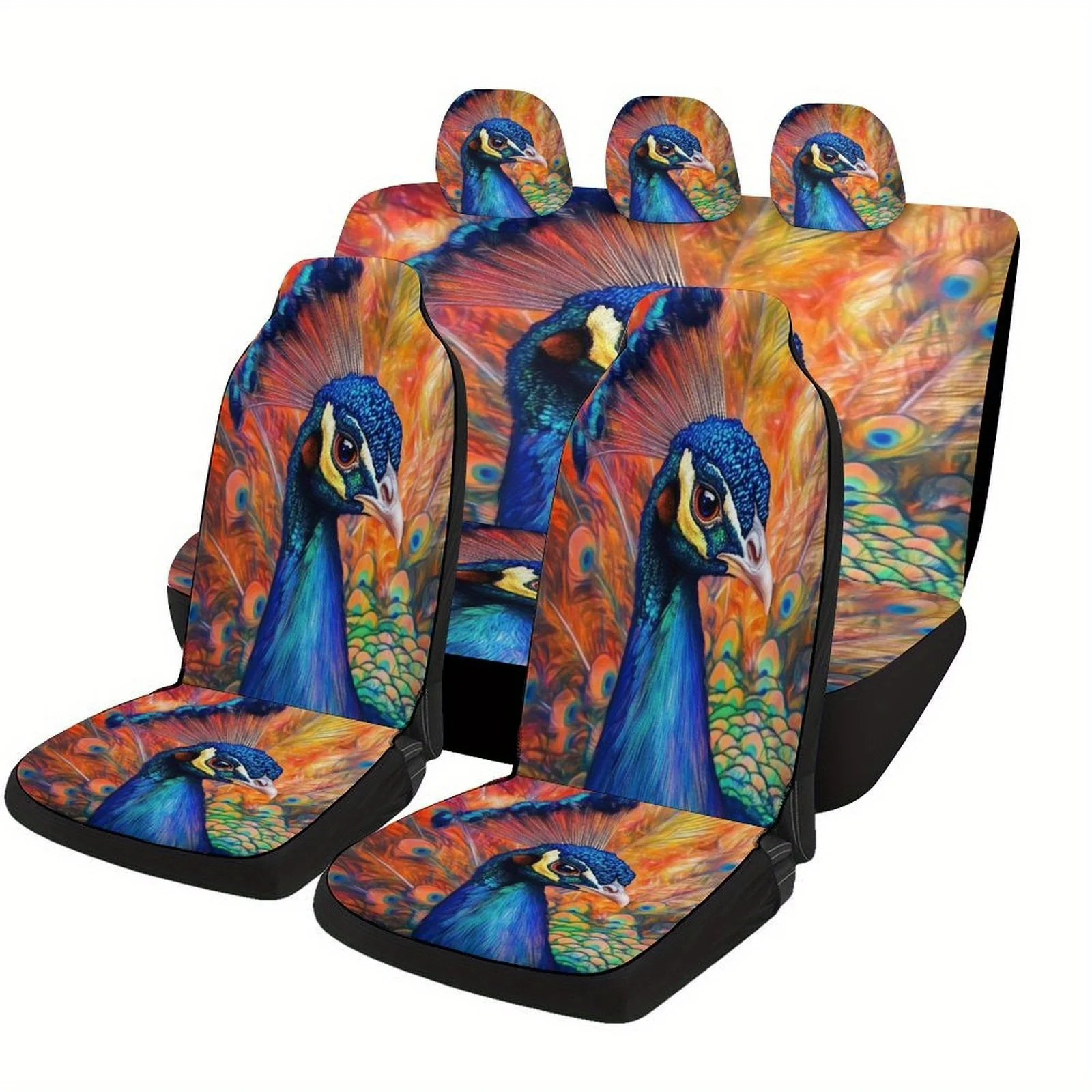 Set Of Car Seat Covers Featuring A Peacock Portrait, Designed To Fit Most Vehicles. These Stylish And Unique Covers Provide Full