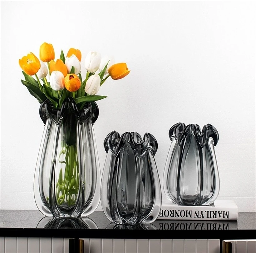 Thickened Crystal Glass Bud Vase Curl Edge Flower Carafe Living Room Ornament Side Table Glassware Home Decor Craft Furnishing