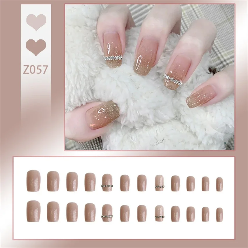 

24Pcs/Set Light Luxury Simple Acrylic Fake Nail Tips Crushed Diamonds Design Wearing False Nails Nude Colour Press on Nail Art