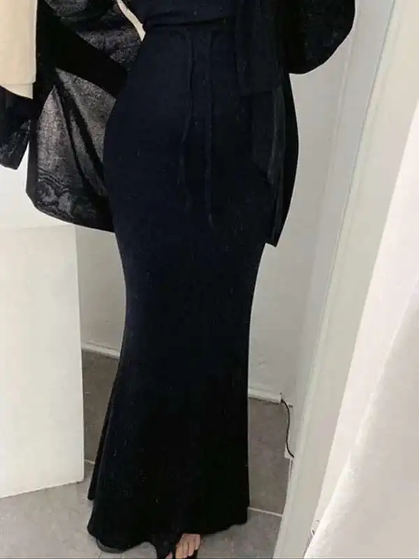 Spódnica damska w stylu koreańskim na jesień/zimę 2024, z wysokim stanem, sznurowana, typu rybka, gładka, wyszczuplająca, codzienna, uniwersalna, kopertowa, podkreślająca biodra, 14EG