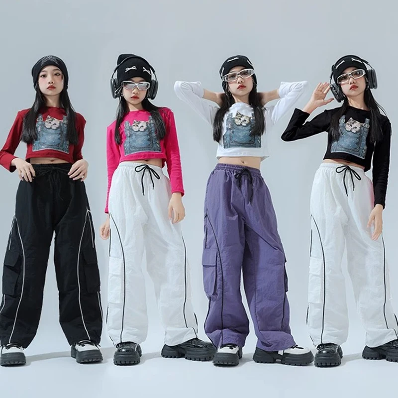 New Girls Hip Hop Clothing Jazz Dance Costume Long Sleeves Tops Loose Pants Ballroom Practice Wear K-pop Dance Outfits BL14041