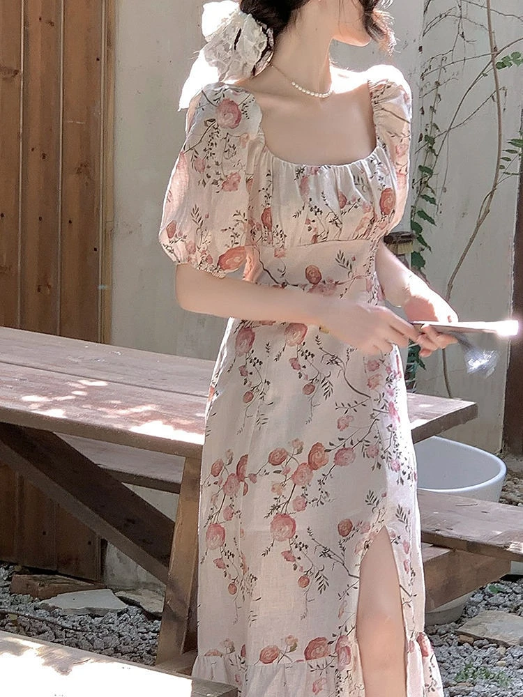 French Elegant Vintage Dress Women 2023 Summer Short Sleeve Beach Style Floral Midi Dress Chic One Piece Dress Korea Women Party