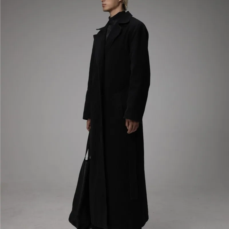 Washed Dark High-Grade Profile Wasteland Style Wear Niche Avant-Garde Black Ultra-Long Trench Coat for Men and Women