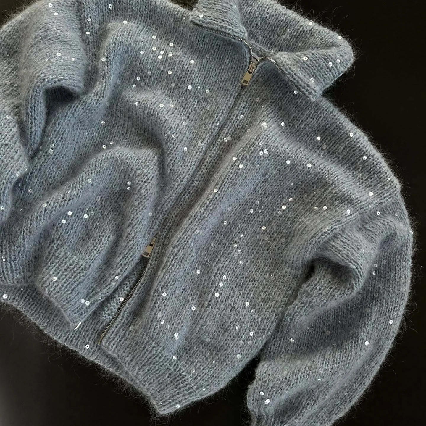 

Zekye Cardigan Women Knitwear Sequin Double Zipper Knitted Cardigan Women Winter Clothes Woman 2025 Sweater & Jumper