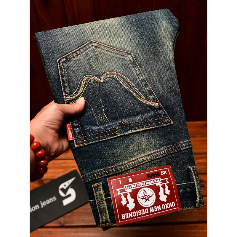 

Осень 2024, новые высококачественные мужские джинсы с эластичными, приталенными, ретро и ностальгическими модными брендовыми джинсовыми брюками