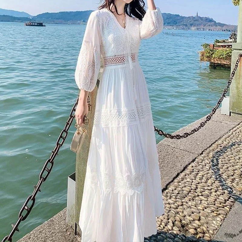 Biała Damska Letnia Długa Sukienka Codzienna Boho Koronkowa Sukienka Maxi Damska Plażowa Sukienka Wakacyjna Elegancka Vintage Sukienka na Imprezę Vestidos