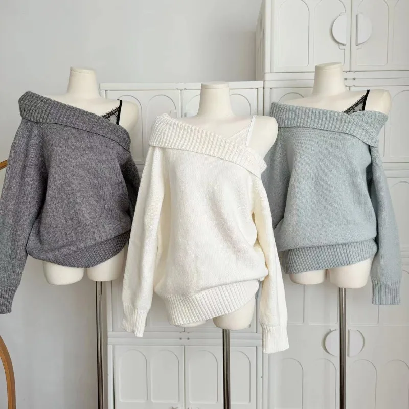 

Winter Women Mori Girl Coquette Fake Two Pieces Knitwear Korean Shoujo 2000s Aesthetic Long Sleeve Sweater Gyaru Off Shoulder