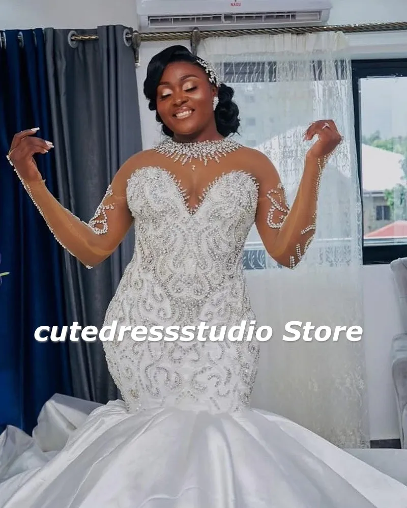 African Women Mermaid Wedding Dresses For Bride Beading Sequin Bridal Gowns Long Sleeves Vestidos De Boda 2025 Customized