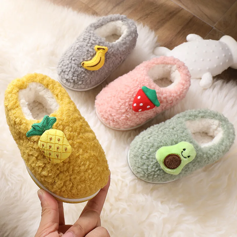 Children's Cotton Slippers Indoor and Outdoor Wear Non-slip Soft Bottom Fruit Bag Heel Warm Woolly Shoes