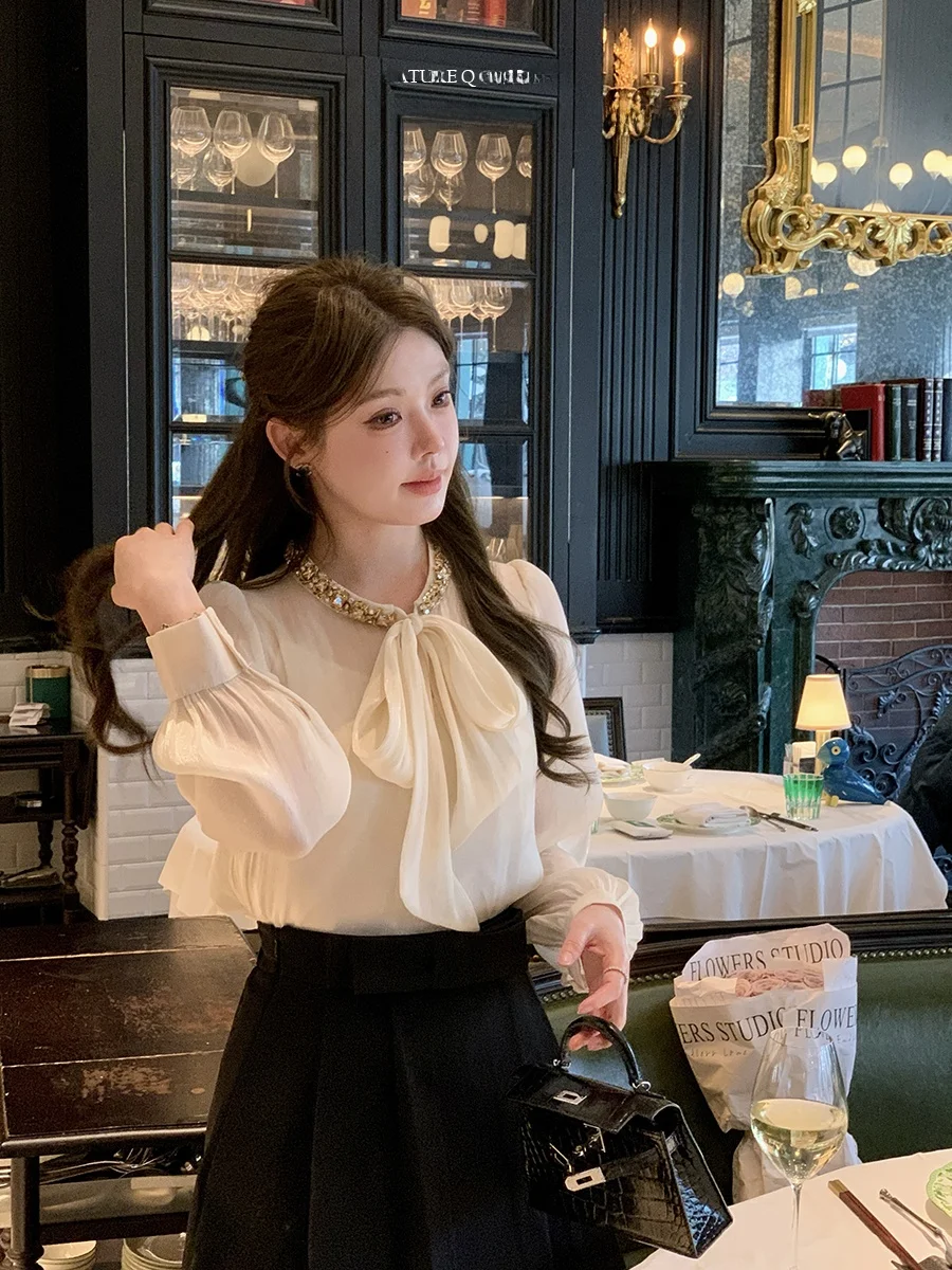 

Шелковая блузка ручной работы для женщин с длинным рукавом, воротником с бриллиантовой отделкой и завязками, французский стиль, однотонная, весенняя модная модель