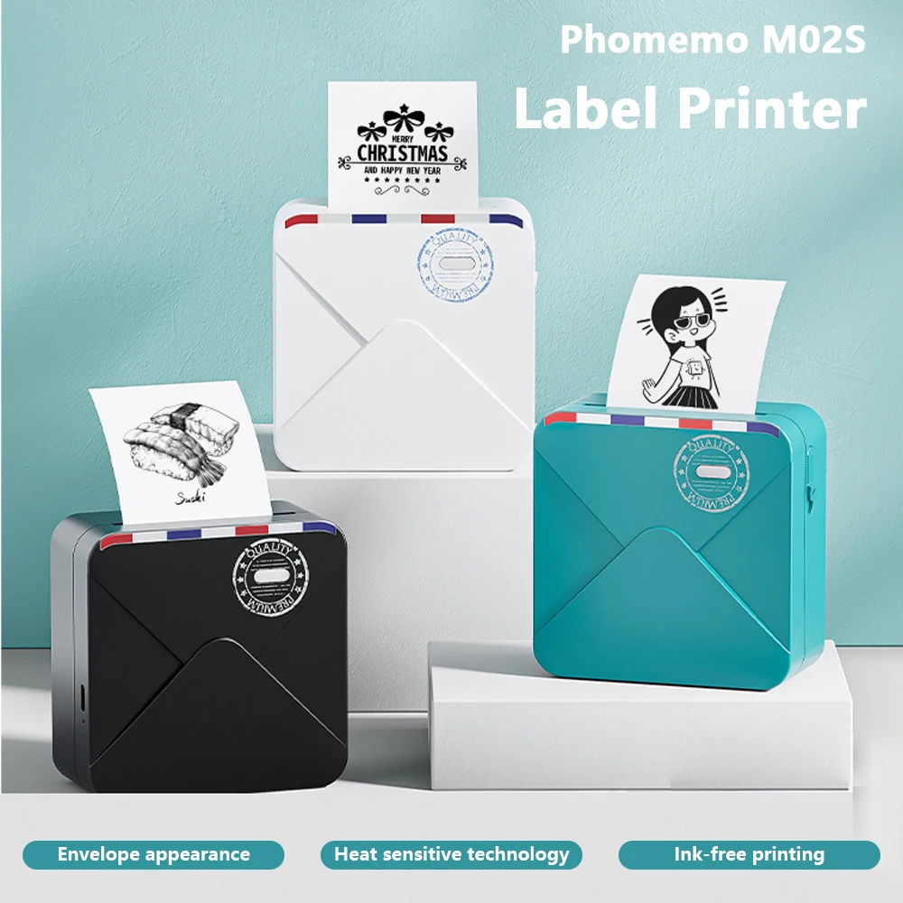 Phomemo M02S Mini Printer Wireless 300dpi DIY Photo Printer with 50mmx3.5m Thermal Paper Label Machine Labeler