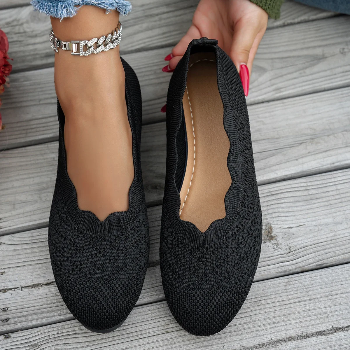 Plus Size 43 Women's Round-Toe Wedge Heels Knitted Shoes Fashion Comfortable Low-Heeled Dance Shoes & Walking Single Shoes 2026