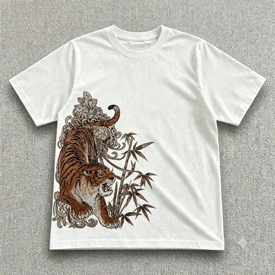 Men's Summer Retro Japanese Aesthetic Tigers  T-Shirt Unisex Cotton and Breathable Tee Men's Round Neck Oversized Short Sleeve