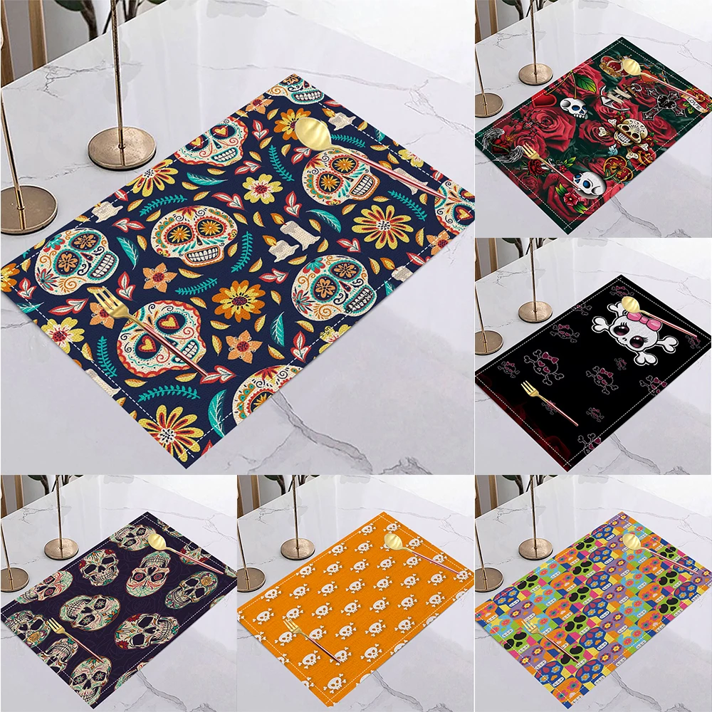 4/6/8Pcs Skull Printed Placemat Heat Insulated Non-Slip Modern Abstract Geometric Table Mat for Wedding Holiday Party Decor
