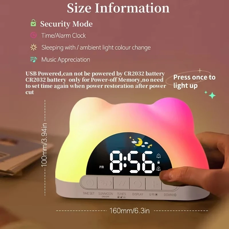 USB Powered Digital Alarm Clock with 11 Colors Ambient Light 2 Alarm Night Mode 12/24H USB Output Charging Port Table LED Clock
