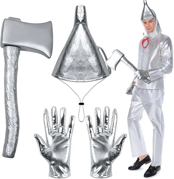 4Pcs Tin Man Costume Accessories Silver Funnel Hat Bow Axe Set for Man Woman Halloween Party Dress Up Cosplay Costume