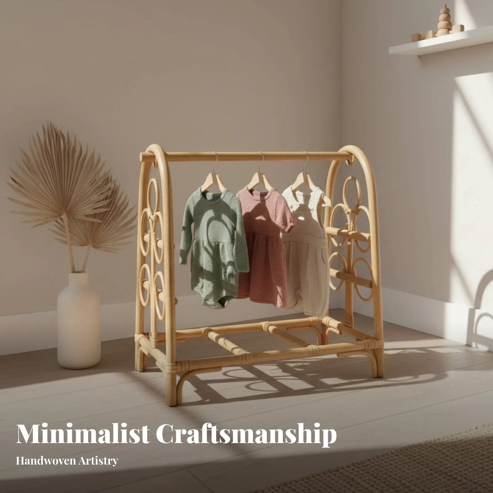 Arched Rattan Clothes Rail Freestanding Garment Stand Hand-Woven Minimalist Aesthetic for Parents