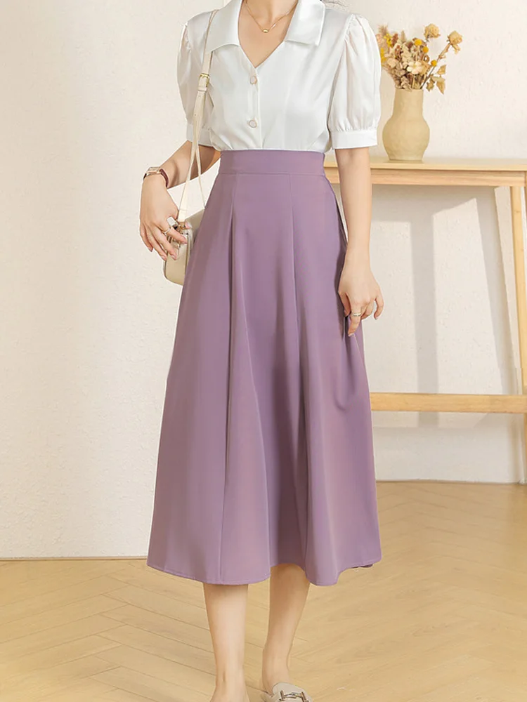 

Women Fashion Office Ladies Skirts Summer Elegant Casual Loose Party Faldas Saia Jupe High Waist Solid A-line Midi Skirt OL