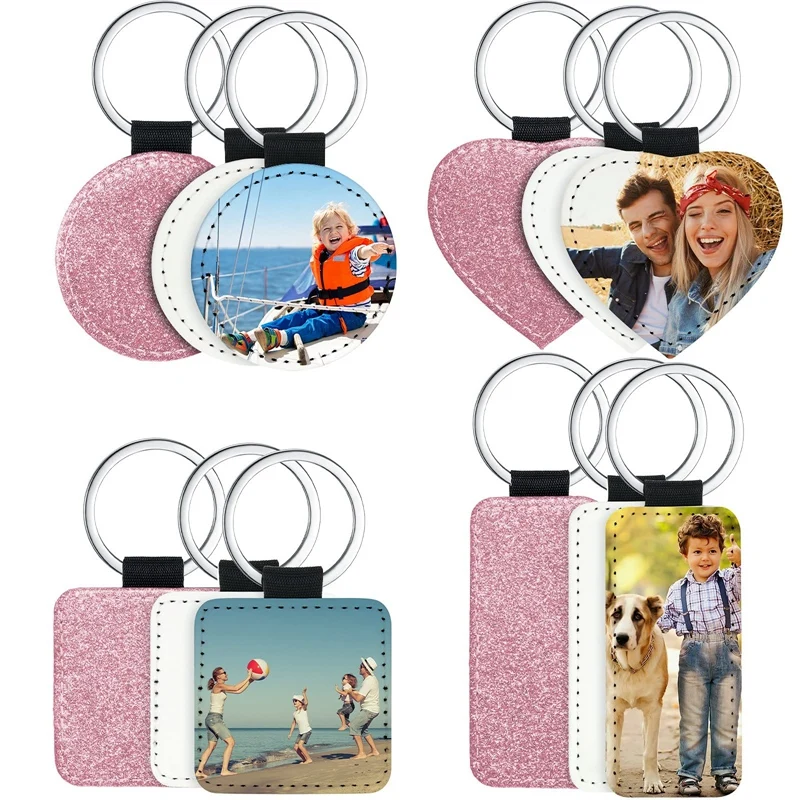 12 Pack Sublimation Blanks Keychain 4 Types Glitter PU Leather Keychain DIY Heat Transfer Keyring