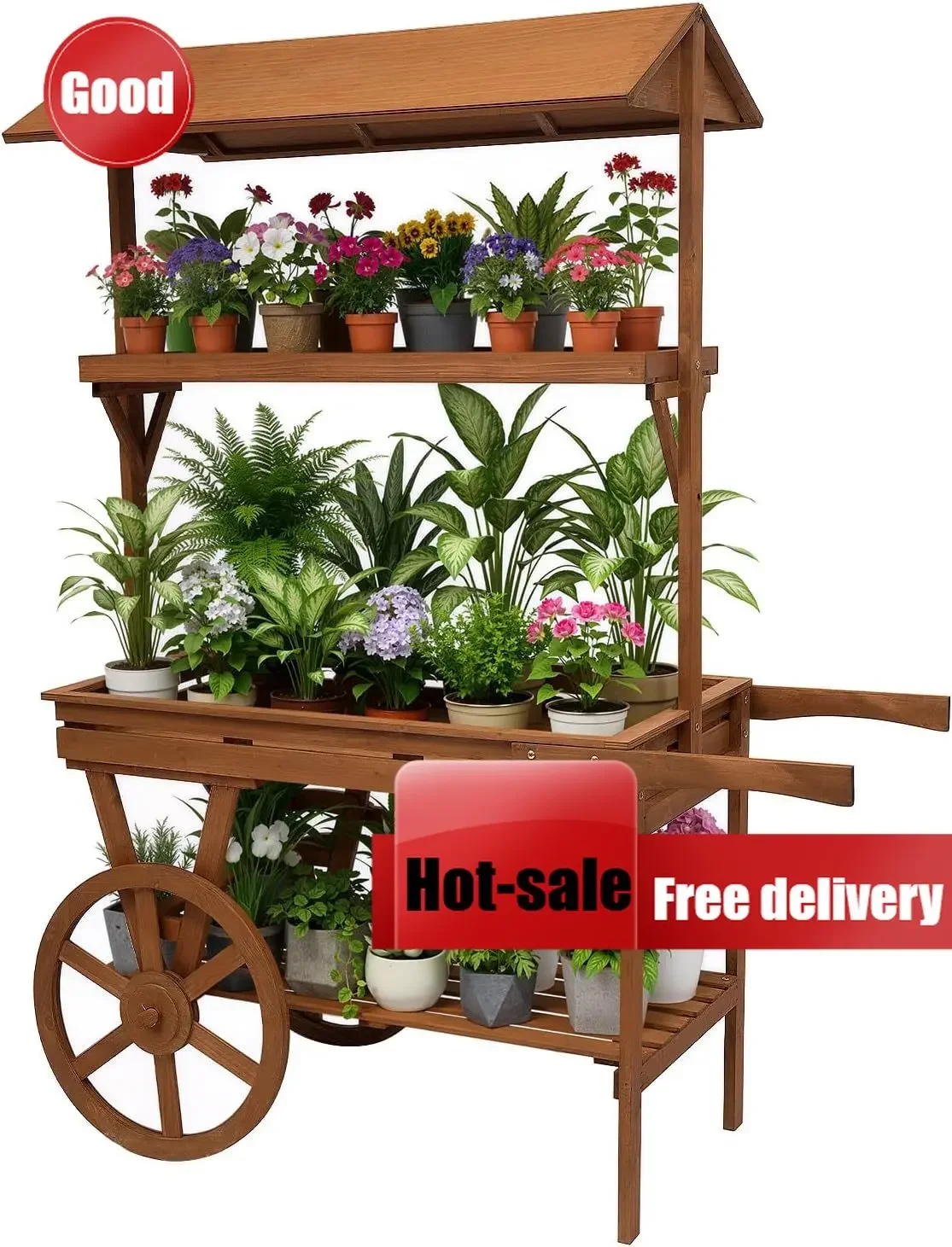 Wooden Rolling 3 Tier Table Cart 2 Wheels Flower Candy Market Display Stand
