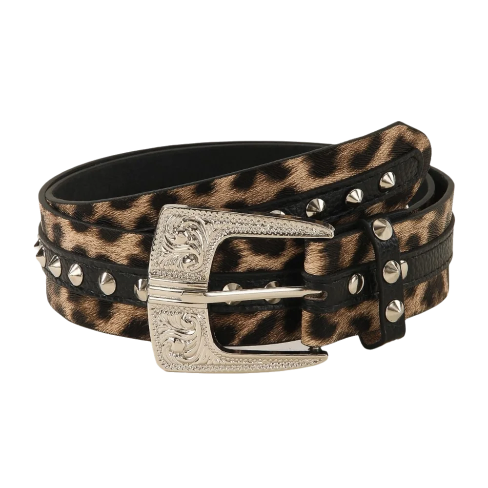 Pin Buckle Leopard Print Belt Engraved Design Rivet Decor PU Leather Belt Antique Silver Buckle Metal Rivets Waist Belt