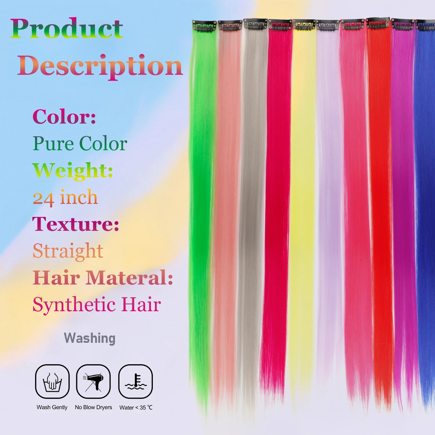 Colorful Clip in Synthetic Hair Extensions Party Highlights Rainbow Long Straight Hairpieces Colored Hair Extensions for Cosplay