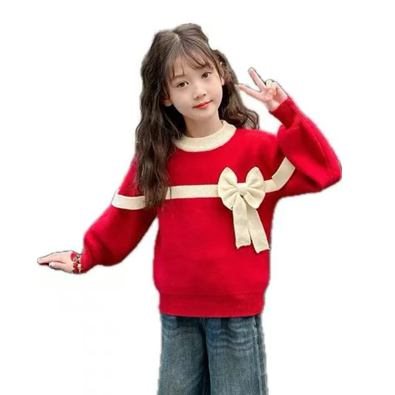 Lovely Baby Girl Sweater with A Bow Red Color Kids Cute Knitted Pullover Outerwear Child Slim Fit Knitwear 4 5 6 7 8 9 11 13 14Y