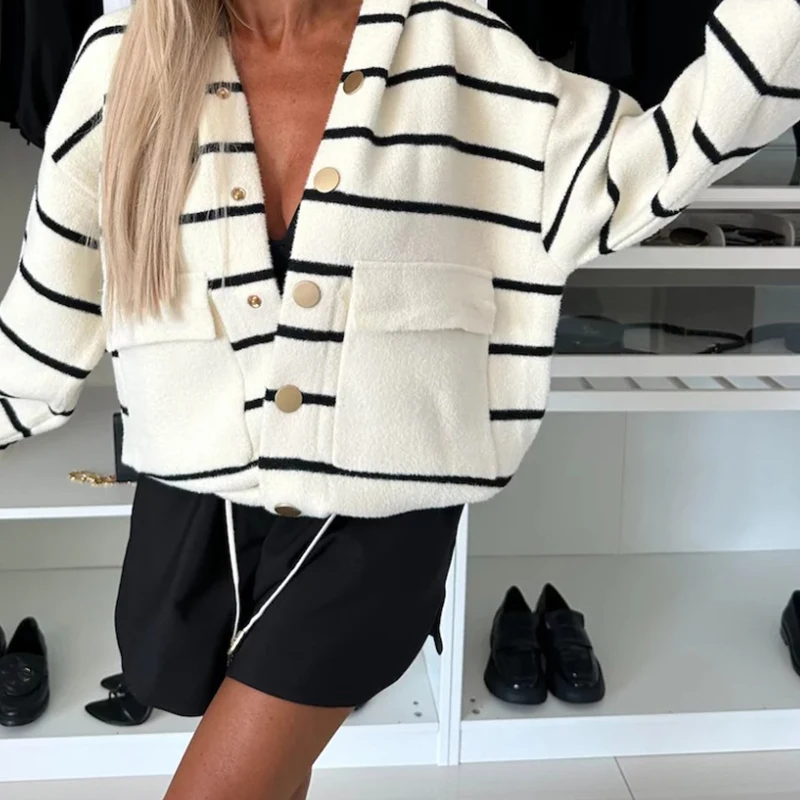 New Striped Loose Long Sleeved Hooded Cardigan Women's Fashion Single Breasted Pocket Sweatshirt Winter Thick Soft Casual Hoodie