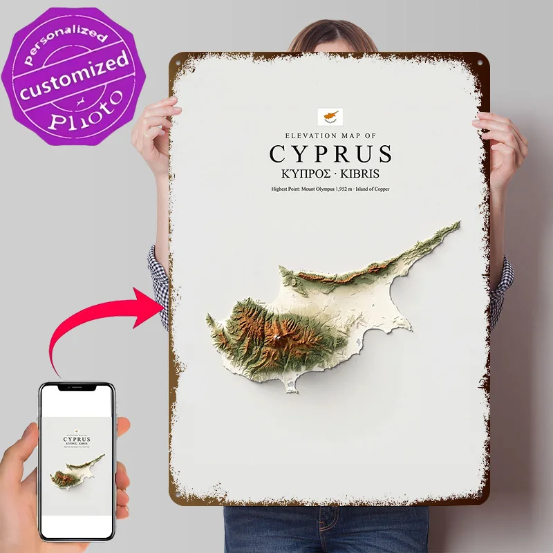 Elevation Map of Cyprus 3D Texture Metal Poster Customized Wall Art Tin Sign Gift for Mancave Gaming Decoration Room Wand Deko