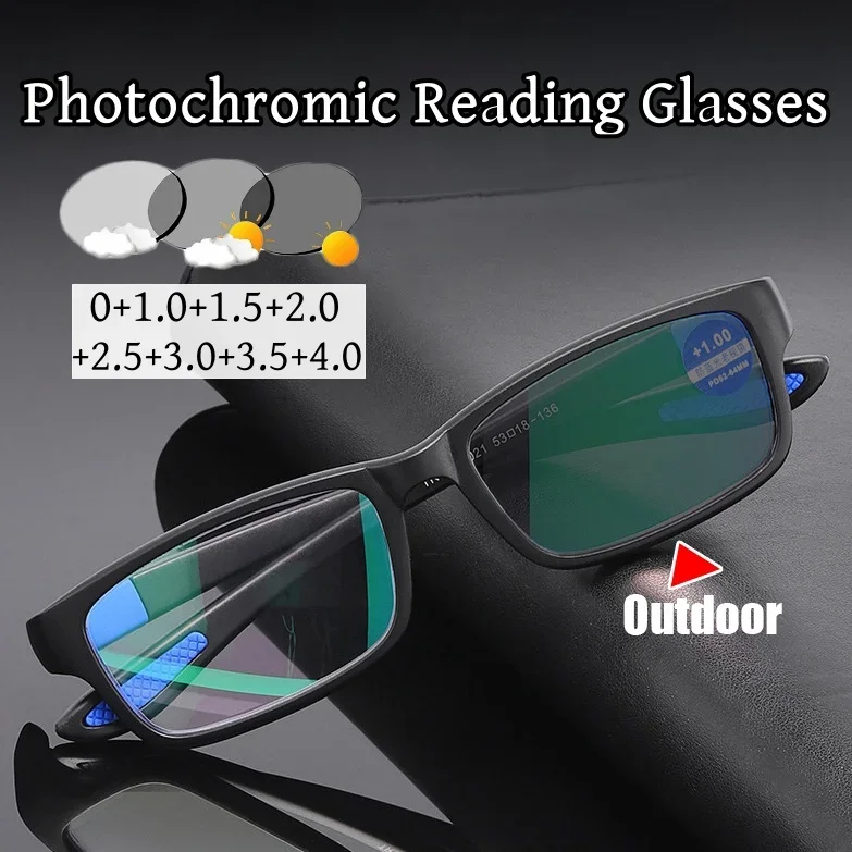 

Photochromic TR90 Sports Reading Glasses Blue Light Blocking Square Frame Eyewear for Men Women Far Sight Presbyopia Eyeglasses