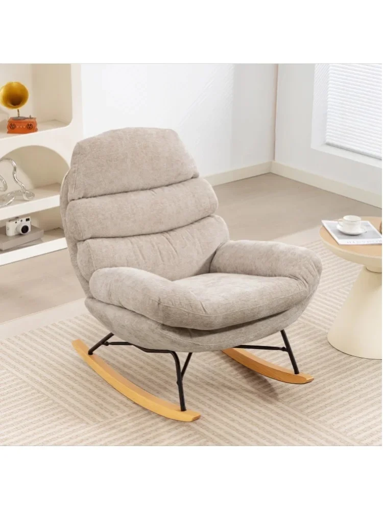 HOMCOM Schaukelstuhl Schaukelsessel mit Rückenlehne Schneidersitz Sessel, gepolstert Relaxsessel mit Chenille-Optik, Holzgestell Schwingsessel, Lesesessel für Wohnzimmer, GelbCremeweiß
